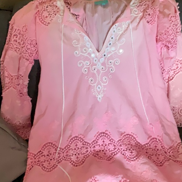 NWOT TAJ PINK JEWELS AND PEARLS tunic lace dress coverup l/s stunning small